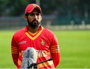 6 September 2021; Player of the match Sikandar Raza Butt of Zimbabwe XI is interviewed after his side's victory in the one day match between Ireland Wolves and Zimbabwe XI at Belmont Park in Belfast. Photo by Piaras Ó Mídheach/Sportsfile