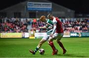 24 September 2021; Rory Gaffney of Shamrock Rovers in action against Ian Bermingham of St Patrick's Athletic during the SSE Airtricity League Premier Division match between St Patrick's Athletic and Shamrock Rovers at Richmond Park in Dublin. Photo by Sam Barnes/Sportsfile