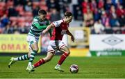 24 September 2021; Matty Smith of St Patrick's Athletic in action against Sean Gannon of Shamrock Rovers during the SSE Airtricity League Premier Division match between St Patrick's Athletic and Shamrock Rovers at Richmond Park in Dublin. Photo by Sam Barnes/Sportsfile