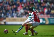 24 September 2021; Sean Gannon of Shamrock Rovers in action against Alfie Lewis of St Patrick's Athletic  during the SSE Airtricity League Premier Division match between St Patrick's Athletic and Shamrock Rovers at Richmond Park in Dublin. Photo by Sam Barnes/Sportsfile