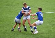 27 September 2021; Charlie Molony of Blackrock College is tackled by Sean Murray Norton, right, and Zach Hopkins of St Marys College during the Bank of Ireland Leinster Schools Junior Cup Round 1 match between St Mary's College and Blackrock College at Energia Park in Dublin. Photo by Eóin Noonan/Sportsfile