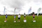 25 September 2021; Irish 100m sprinter Marcus Lawler with the under-12 100m medalists, from left, Ellie Oldrey and Maebh Tinkler from Dublin, Megan O'Shea from Limerick and Ciara Whelan from Cork during the Aldi Community Games Track and Field Athletics finals at Carlow IT Sports Campus in Carlow. Photo by Matt Browne/Sportsfile