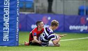 27 September 2021; Donnchadh Cullinan of Terenure College scores a try for his side during the Bank of Ireland Leinster Schools Junior Cup Round 1 match between CUS and Terenure College at Energia Park in Dublin. Photo by Eóin Noonan/Sportsfile