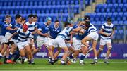 27 September 2021; Gavin Foley of St Mary's College is tackled by Donie Grehan, left, and Cian Dennehy-Vazquez of Blackrock College during the Bank of Ireland Leinster Schools Junior Cup Round 1 match between St Mary's College and Blackrock College at Energia Park in Dublin. Photo by Daire Brennan/Sportsfile