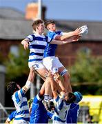 27 September 2021; David Leane of St Mary's College competes for a line-out against Thomas Butler of Blackrock College during the Bank of Ireland Leinster Schools Junior Cup Round 1 match between St Mary's College and Blackrock College at Energia Park in Dublin. Photo by Daire Brennan/Sportsfile