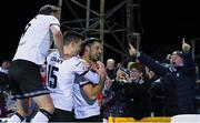 27 September 2021; Patrick Hoban, right, celebrates after scoring his side's second goal with Dundalk team-mates Darragh Leahy, centre, and Andy Boyle during the SSE Airtricity League Premier Division match between Dundalk and Bohemians at Oriel Park in Dundalk, Louth. Photo by Ben McShane/Sportsfile