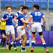 27 September 2021; Jack Halpin, right, of St Mary's College, celebrates with team-mate Sean Murray Norton after scoring his side's third try during the Bank of Ireland Leinster Schools Junior Cup Round 1 match between St Mary's College and Blackrock College at Energia Park in Dublin. Photo by Daire Brennan/Sportsfile