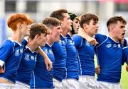 27 September 2021; St Mary's College players, left to right, Cathal Darmody, Nathan Maher, James Molloy, Alex Rice, Liam Flaherty, Anthony Forbes and Zack Hopkins sing their school anthem after the Bank of Ireland Leinster Schools Junior Cup Round 1 match between St Mary's College and Blackrock College at Energia Park in Dublin. Photo by Daire Brennan/Sportsfile