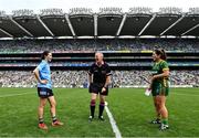 5 September 2021; Referee Brendan Rice with team captains Sinéad Aherne of Dublin and Shauna Ennis of Meath before the TG4 All-Ireland Ladies Senior Football Championship Final match between Dublin and Meath at Croke Park in Dublin. Photo by Piaras Ó Mídheach/Sportsfile