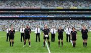 5 September 2021; Referee Brendan Rice and his officials before the TG4 All-Ireland Ladies Senior Football Championship Final match between Dublin and Meath at Croke Park in Dublin. Photo by Piaras Ó Mídheach/Sportsfile