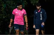 28 September 2021; Michael Ala'alatoa, left, and Harry Byrne during a Leinster Rugby squad training session at UCD in Dublin. Photo by Harry Murphy/Sportsfile