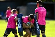 28 September 2021; Rónan Kelleher, centre, with Dan Leavy and James Ryan during a Leinster Rugby squad training session at UCD in Dublin. Photo by Harry Murphy/Sportsfile