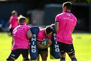 28 September 2021; Rónan Kelleher, centre, with Dan Leavy and James Ryan during a Leinster Rugby squad training session at UCD in Dublin. Photo by Harry Murphy/Sportsfile