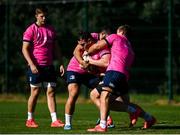 28 September 2021; Peter Dooley, centre, with Vakh Abdaladze and Scott Penny during a Leinster Rugby squad training session at UCD in Dublin. Photo by Harry Murphy/Sportsfile