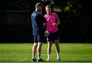 28 September 2021; Ciarán Frawley speaks with Head coach Leo Cullen during a Leinster Rugby squad training session at UCD in Dublin. Photo by Harry Murphy/Sportsfile