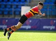 29 September 2021; Ronan Mahon of CBC Monkstown dives over to score his side's first try during the Bank of Ireland Leinster Schools Junior Cup Round 1 match between CBC Monkstown and Wesley College at Energia Park in Dublin. Photo by Harry Murphy/Sportsfile