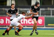 29 September 2021; Jack O'Neill of Newbridge College is tackled by Dan Seymour of Presentation College Bray during the Bank of Ireland Leinster Schools Junior Cup Round 1 match between Newbridge College and Presentation College Bray at Energia Park in Dublin. Photo by Harry Murphy/Sportsfile