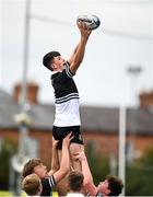29 September 2021; Ruairí Munnelly of Newbridge College wins possession in the lineout during the Bank of Ireland Leinster Schools Junior Cup Round 1 match between Newbridge College and Presentation College Bray at Energia Park in Dublin. Photo by Harry Murphy/Sportsfile