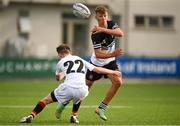 29 September 2021; Todd Lawlor of Newbridge College in action against Kieron Gow of Presentation College Bray during the Bank of Ireland Leinster Schools Junior Cup Round 1 match between Newbridge College and Presentation College Bray at Energia Park in Dublin. Photo by Harry Murphy/Sportsfile