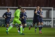 29 September 2021; Marko Lazetic of Crvena Zvezda, right, celebrates after scoring his side's first goal during the UEFA Youth League First Round First Leg match between St Patrick’s Athletic and Crvena Zvezda at Richmond Park in Dublin. Photo by David Fitzgerald/Sportsfile