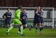 29 September 2021; Marko Lazetic of Crvena Zvezda, right, celebrates after scoring his side's first goal during the UEFA Youth League First Round First Leg match between St Patrick’s Athletic and Crvena Zvezda at Richmond Park in Dublin. Photo by David Fitzgerald/Sportsfile