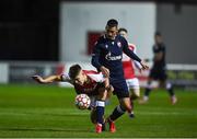 29 September 2021; Thomas Lonergan of St Patrick's Athletic in action against Ognjen Mimovic of Crvena Zvezda during the UEFA Youth League First Round First Leg match between St Patrick’s Athletic and Crvena Zvezda at Richmond Park in Dublin. Photo by David Fitzgerald/Sportsfile