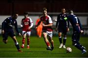 29 September 2021; Thomas Lonergan of St Patrick's Athletic in action against Ognjen Mimovic, left, and Marko Curic of Crvena Zvezda during the UEFA Youth League First Round First Leg match between St Patrick’s Athletic and Crvena Zvezda at Richmond Park in Dublin. Photo by David Fitzgerald/Sportsfile