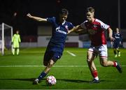 29 September 2021; Stefan Lekovic of Crvena Zvezda in action against Thomas Lonergan of St Patrick's Athletic during the UEFA Youth League First Round First Leg match between St Patrick’s Athletic and Crvena Zvezda at Richmond Park in Dublin. Photo by David Fitzgerald/Sportsfile