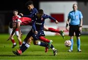 29 September 2021; Jack O'Reilly of St Patrick's Athletic in action against Luka Lecic, left, and Ognjen Mimovic of Crvena Zvezda during the UEFA Youth League First Round First Leg match between St Patrick’s Athletic and Crvena Zvezda at Richmond Park in Dublin. Photo by David Fitzgerald/Sportsfile