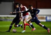 29 September 2021; Jack O'Reilly of St Patrick's Athletic in action against Luka Lecic, left, and Ognjen Mimovic of Crvena Zvezda during the UEFA Youth League First Round First Leg match between St Patrick’s Athletic and Crvena Zvezda at Richmond Park in Dublin. Photo by David Fitzgerald/Sportsfile