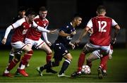 29 September 2021; Mirko Nikolasevic of Crvena Zvezda in action against Kian Corbally, left, and Darius Lipsiuc of St Patrick's Athletic during the UEFA Youth League First Round First Leg match between St Patrick’s Athletic and Crvena Zvezda at Richmond Park in Dublin. Photo by David Fitzgerald/Sportsfile