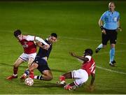 29 September 2021; Marko Lazetic of Crvena Zvezda in action against Kian Corbally, left, and Ugochukwu Anny-Nzekwue of St Patrick's Athletic during the UEFA Youth League First Round First Leg match between St Patrick’s Athletic and Crvena Zvezda at Richmond Park in Dublin. Photo by David Fitzgerald/Sportsfile