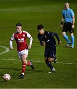 29 September 2021; Ben McCormack of St Patrick's Athletic in action against Luka Lecic of Crvena Zvezda during the UEFA Youth League First Round First Leg match between St Patrick’s Athletic and Crvena Zvezda at Richmond Park in Dublin. Photo by David Fitzgerald/Sportsfile