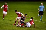 29 September 2021; Marko Lazetic of Crvena Zvezda in action against Kian Corbally, left, and Ugochukwu Anny-Nzekwue of St Patrick's Athletic during the UEFA Youth League First Round First Leg match between St Patrick’s Athletic and Crvena Zvezda at Richmond Park in Dublin. Photo by David Fitzgerald/Sportsfile