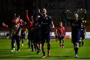 29 September 2021; Marko Lazetic of Crvena Zvezda, centre, and team-mates celebrate following the UEFA Youth League First Round First Leg match between St Patrick’s Athletic and Crvena Zvezda at Richmond Park in Dublin. Photo by David Fitzgerald/Sportsfile