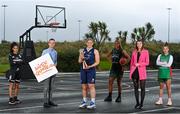 30 September 2021; In attendance at the National Basketball Arena for the National League launch and sponsorship announcement are, from left, Kate Black of Swords Thunder, James Cullen, Manager at MissQuote.ie, Hannah Thorton of DCU Mercy, A'Lexxus Davis of Trinity Meteors, Alex Costello, Customer Service for MissQuote.ie, and Haille Nickerson of Trinity Meteors at the National Basketball Arena in Tallaght, Dublin. The men's Super League and Division One were renamed the InsureMyVan.ie Super League and InsureMyVan.ie Division One. The women's Super League and Division One is now called MissQuote.ie Super League and MissQuote.ie Division One. Photo by Sam Barnes/Sportsfile