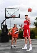 30 September 2021; In attendance at the National Basketball Arena for the National League launch and sponsorship announcement are Shannon Powell of Killester and Jason Killeen of Templeogue at the National Basketball Arena in Tallaght, Dublin. The men's Super League and Division One were renamed the InsureMyVan.ie Super League and InsureMyVan.ie Division One. The women's Super League and Division One is now called MissQuote.ie Super League and MissQuote.ie Division One. Photo by Sam Barnes/Sportsfile