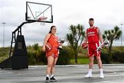 30 September 2021; In attendance at the National Basketball Arena for the National League launch and sponsorship announcement are Shannon Powell of Killester and Jason Killeen of Templeogue at the National Basketball Arena in Tallaght, Dublin. The men's Super League and Division One were renamed the InsureMyVan.ie Super League and InsureMyVan.ie Division One. The women's Super League and Division One is now called MissQuote.ie Super League and MissQuote.ie Division One. Photo by Sam Barnes/Sportsfile