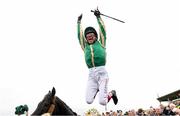 30 September 2021; Jockey Frankie Dettori celebrates after winning the The Gannons City Recovery And Recycling Services Ltd. Supporting DAFA Handicap on Trueba at Bellewstown Racecourse in Collierstown, Meath. Photo by Matt Browne/Sportsfile