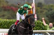 30 September 2021; Frankie Dettori celebrates on Trueba after winning The Gannons City Recovery And Recycling Services Ltd. Supporting DAFA Handicap at Bellewstown Racecourse in Collierstown, Meath. Photo by Matt Browne/Sportsfile