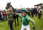 30 September 2021; Jockey Frankie Dettori celebrates after winning The Gannons City Recovery And Recycling Services Ltd. Supporting DAFA Handicap on Trueba at Bellewstown Racecourse in Collierstown, Meath. Photo by Matt Browne/Sportsfile