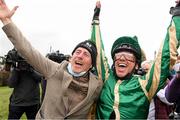 30 September 2021; Jockey Frankie Dettori and trainer Johnny Murtagh celebrate after winning The Gannons City Recovery And Recycling Services Ltd. Supporting DAFA Handicap with Trueba at Bellewstown Racecourse in Collierstown, Meath. Photo by Matt Browne/Sportsfile