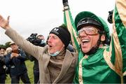 30 September 2021; Jockey Frankie Dettori and trainer Johnny Murtagh celebrate after winning The Gannons City Recovery And Recycling Services Ltd. Supporting DAFA Handicap with Trueba at Bellewstown Racecourse in Collierstown, Meath. Photo by Matt Browne/Sportsfile