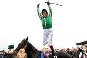 30 September 2021; Jockey Frankie Dettori celebrates after winning The Gannons City Recovery And Recycling Services Ltd. Supporting DAFA Handicap on Trueba at Bellewstown Racecourse in Collierstown, Meath. Photo by Matt Browne/Sportsfile