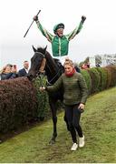 30 September 2021; Jockey Frankie Dettori celebrates after winning The Gannons City Recovery And Recycling Services Ltd. Supporting DAFA Handicap on Trueba at Bellewstown Racecourse in Collierstown, Meath. Photo by Matt Browne/Sportsfile