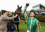30 September 2021; Jockey Frankie Dettori and trainer Johnny Murtagh celebrate after winning The Gannons City Recovery And Recycling Services Ltd. Supporting DAFA Handicap on Trueba at Bellewstown Racecourse in Collierstown, Meath. Photo by Matt Browne/Sportsfile