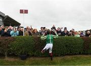 30 September 2021; Jockey Frankie Dettori celebrates after winning The Gannons City Recovery And Recycling Services Ltd. Supporting DAFA Handicap on Trueba at Bellewstown Racecourse in Collierstown, Meath. Photo by Matt Browne/Sportsfile