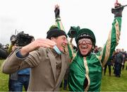 30 September 2021; Jockey Frankie Dettori and trainer Johnny Murtagh celebrate after winning The Gannons City Recovery And Recycling Services Ltd. Supporting DAFA Handicap on Trueba at Bellewstown Racecourse in Collierstown, Meath. Photo by Matt Browne/Sportsfile