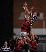 1 October 2021; Stephen Caffrey of Terenure College contests a line-out against Jody Booth of Dublin University FC during the Metropolitan Cup Final match between Dublin University FC and Terenure College at Energia Park in Dublin. Photo by Ben McShane/Sportsfile