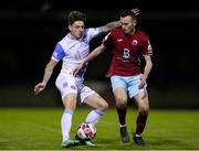 1 October 2021; Ruairi Keating of Galway United in action against Lee Devitt of Cobh Ramblers during the SSE Airtricity League First Division match between Cobh Ramblers and Galway United at St Colman's Park in Cobh, Cork. Photo by Michael P Ryan/Sportsfile